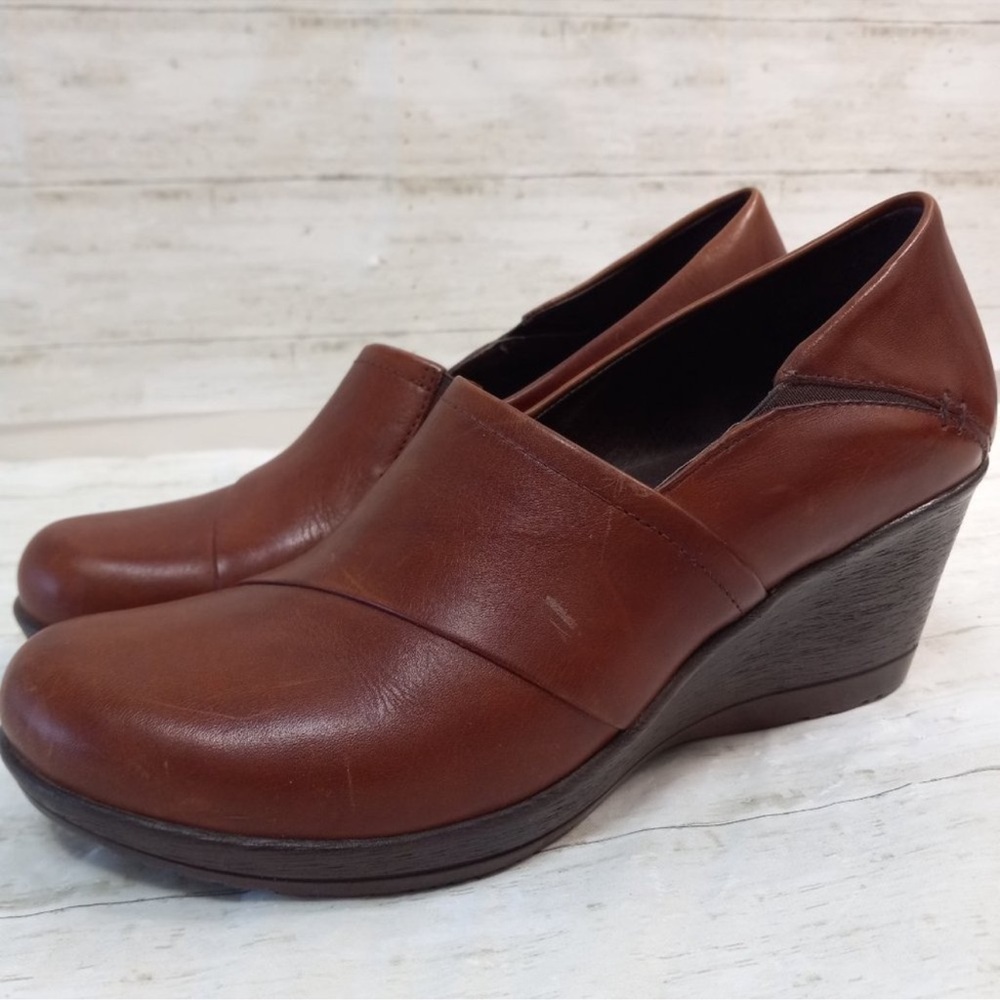 Dansko Rosaline Brown Burnished Leather Wedge Heel Clog